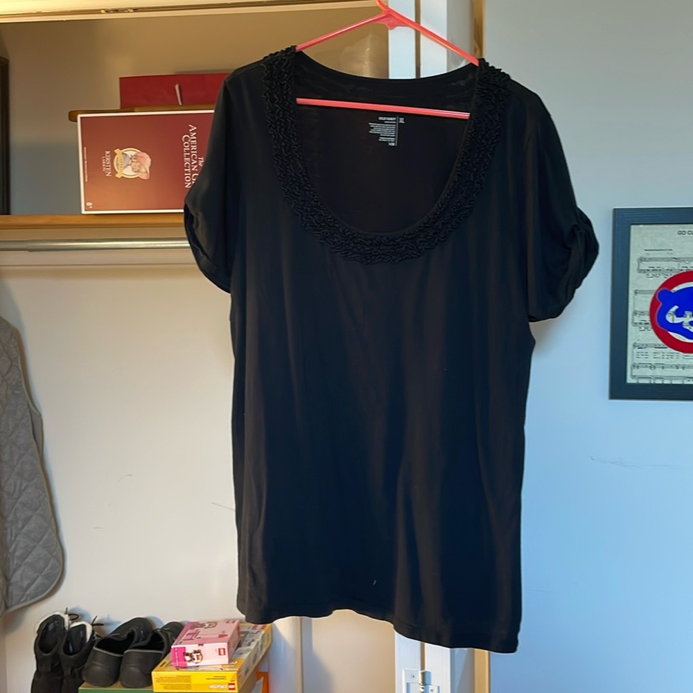 Black boat neck top with ruching detail